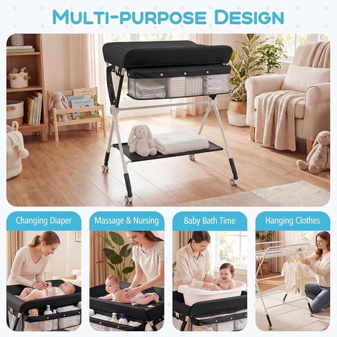 BABY JOY Portable Baby Changing Table, Foldable Diaper Changing Station with Wheels, Adjustable Height, Large Storage Rack, Mobile Nursery Organizer for Newborn Infant (Black) in Kuwait