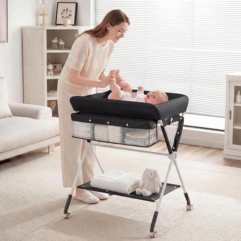 BABY JOY Portable Baby Changing Table, Foldable Diaper Changing Station with Wheels, Adjustable Height, Large Storage Rack, Mobile Nursery Organizer for Newborn Infant (Black) in Kuwait