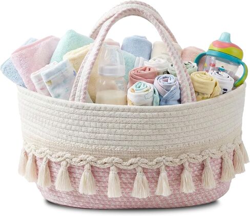 Baby Diaper Caddy Organizer, Portable Nursery Storage Basket | Cotton Rope Basket for Diapers, Wipes, Toys, and Baby Essentials, Suitable for Home, Car, and Travel (Pinkish White) in Kuwait