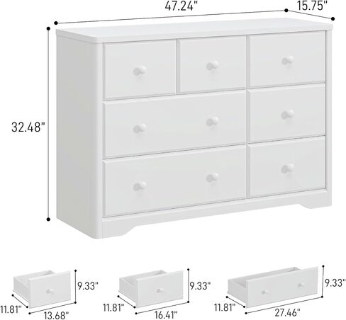 Vabches 7 Drawers Dresser Cabinet, Kids & Nursery Storage Chest, Multi-Functional Wood Large Chest of Drawers, White Dresser for Bedroom Furniture, Baby Dresser for Children's Room in Kuwait