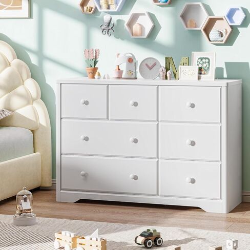 Vabches 7 Drawers Dresser Cabinet, Kids & Nursery Storage Chest, Multi-Functional Wood Large Chest of Drawers, White Dresser for Bedroom Furniture, Baby Dresser for Children's Room in Kuwait