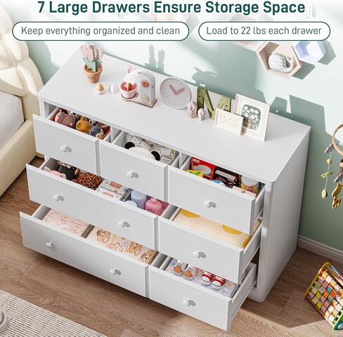 Vabches 7 Drawers Dresser Cabinet, Kids & Nursery Storage Chest, Multi-Functional Wood Large Chest of Drawers, White Dresser for Bedroom Furniture, Baby Dresser for Children's Room in Kuwait