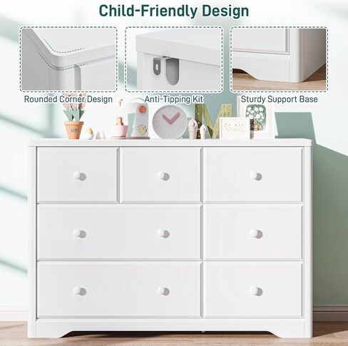 Vabches 7 Drawers Dresser Cabinet, Kids & Nursery Storage Chest, Multi-Functional Wood Large Chest of Drawers, White Dresser for Bedroom Furniture, Baby Dresser for Children's Room in Kuwait