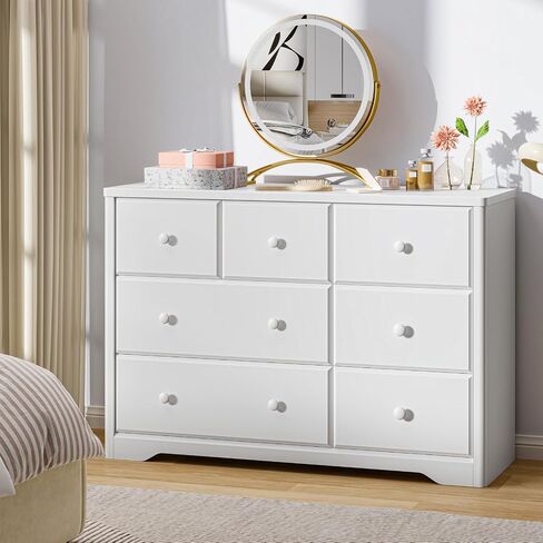 Vabches 7 Drawers Dresser Cabinet, Kids & Nursery Storage Chest, Multi-Functional Wood Large Chest of Drawers, White Dresser for Bedroom Furniture, Baby Dresser for Children's Room in Kuwait