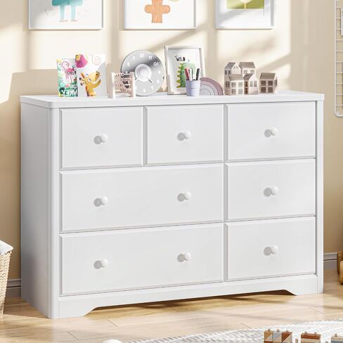 Vabches 7 Drawers Dresser Cabinet, Kids & Nursery Storage Chest, Multi-Functional Wood Large Chest of Drawers, White Dresser for Bedroom Furniture, Baby Dresser for Children's Room in Kuwait
