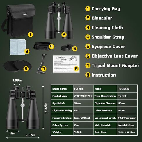 15-35x80 Astronomy Binoculars for Adults, High Powered 35x Zoom HD for Stargazing & Bird Watching, Waterproof Binocular with Tripod Adapter, Ideal Essentials for Cruise Ship, Travel, Camping, Hunting in Kuwait