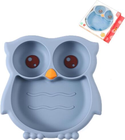 PandaEar Toddler Suction Plates, Stay Put Divided Baby Plates, Owl Shape BPA-Free 100% Food-Grade Silicone Unbreakable Baby Plate, Baby Feeding Supplies (Blue) in Kuwait