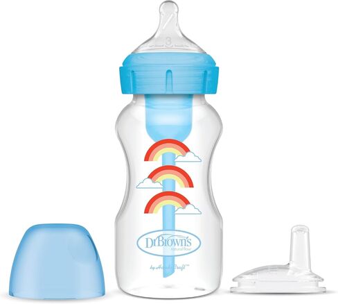 Dr. Brown’s Anti-Colic Options+ Wide-Neck Sippy Bottle Starter Kit, 9oz/270mL, with Level 3 Medium-Fast Flow Nipple and Soft 100% Silicone Sippy Spout, Pink, BPA Free, 6m+, 2 Pack in Kuwait