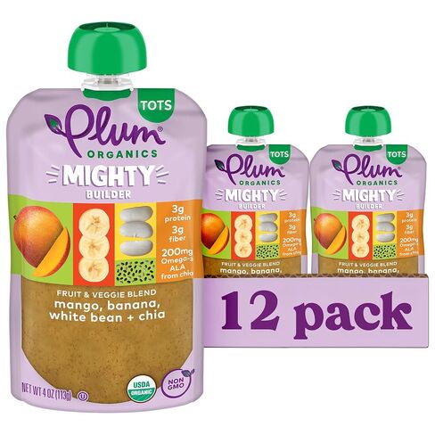Plum Organics - +12 Months Organic Baby Food - Banana, White Bean, Strawberry & Chia - Non-GMO - On-The-Go Pouches for Baby & Toddler Meals - Quality Tested Ingredients - 4 oz (Pack Of 12) in Kuwait