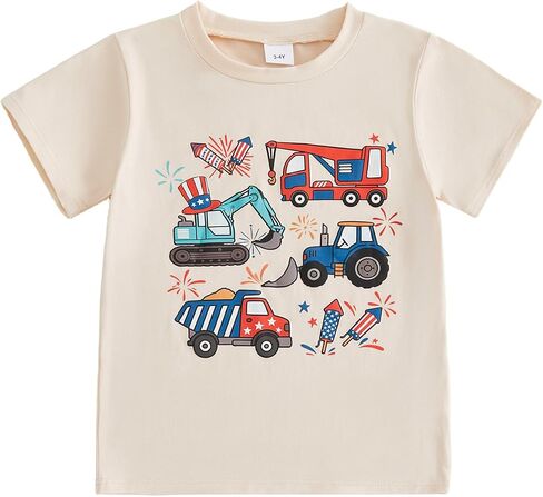 Canis Kids Toddler Boys 4th of July Shirt Construction Vehicle Fireworks American Flag Patriotic Independence T-Shirt in Kuwait