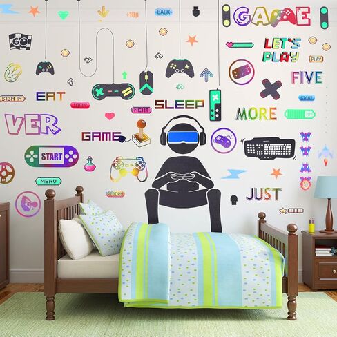 56 Pieces Gamer Wall Decals Gaming Controller Joystick Decals Removable Video Games Stickers Game Boy Wall Art for Bedroom Playroom Decoration (Colorful) in Saudi Arabia