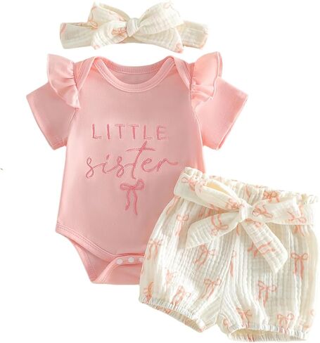 Newborn Girl Clothes Little Sister Summer Outfit Cotton Short Sleeve Romper Shorts Headband Baby Infant Toddler Girl Outfits in Kuwait