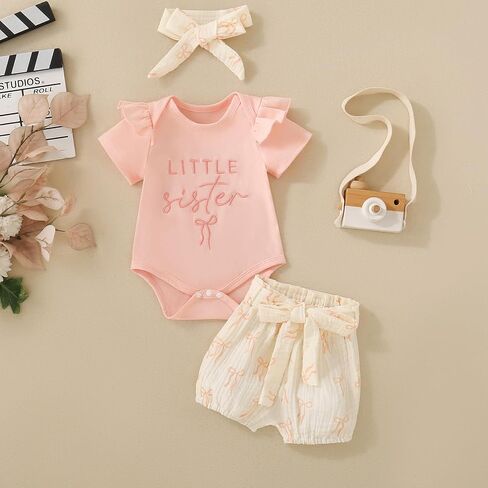 Newborn Girl Clothes Little Sister Summer Outfit Cotton Short Sleeve Romper Shorts Headband Baby Infant Toddler Girl Outfits in Kuwait