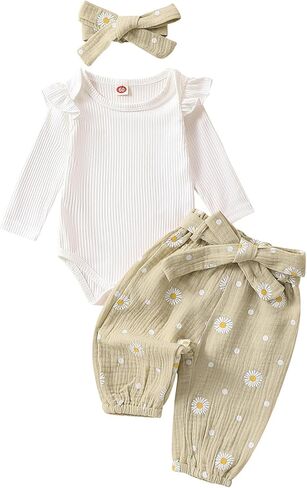 Baby Girl Clothes Newborn Coming Home Romper+Pants+Headband Fall Set | Daddy's Little Girl Ribbed Ruffle Long Sleeves Bodysuit Bow Floral Print Pants With Headband Set Fall Winter Infant Clothes in Kuwait