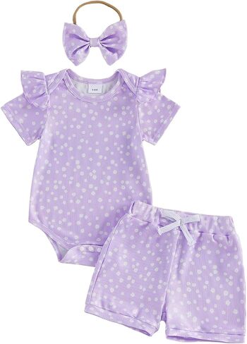 WZTYYDS Baby Girl Clothes Summer Floral Romper Tops Shorts Headband Set | Ribbed, Ruffle Short Sleeve, Bodysuit, 3 Pieces Outfit, 3 6 9 12 18 Months, Coming Home Outfit, Baby Shower Present in Kuwait
