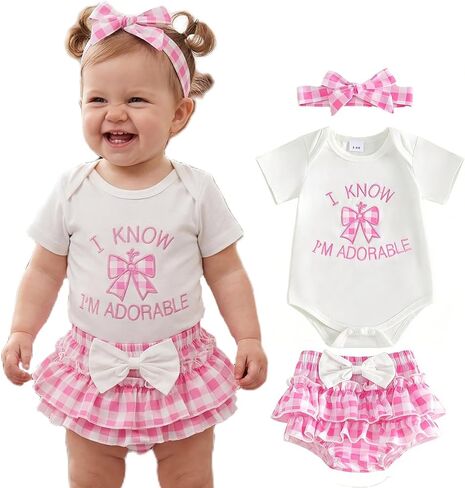 Newborn Baby Girl Summer Clothes Bow Headband Embroidery Short Sleeve Romper Bubble Shorts Set Outfits for Girls in Kuwait