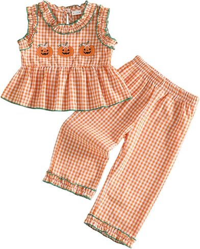 Halloween Toddler Girl Outfit Gingham Peplum Top Ruffle Pants | Baby Girl Pumpkin Patch Outfit,Ghost,Witch Hat Embroidery,Sleeveless Tank Top,Gingham Plaid Pants,Fall Halloween Clothes in Kuwait