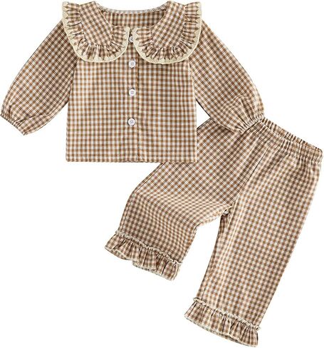 Thorn Tree Girls Fall Outfits Long Sleeve Button Up Shirt Tops Plaid Linen Pants Toddler Girl Clothes Gingham Outfit in Kuwait