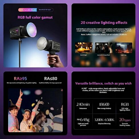 100W Pro RGB Portable LED Photography Light, 18600mAh Built-in Battery, 20 Effects 3200-6500K Adjustable Color Temperature COB Continuous Output Lighting, Handheld Spotlight w Carrying Case in Kuwait