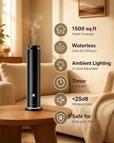 Waterless Diffuser with 5 Essential Oils Set, Hotel Collection Scent Diffuser Up to 1500 Sq.Ft, Diffuser with Remote Control, Timer & Ambient Light, Oil Diffusers for Home Office Hotel SPA in Kuwait