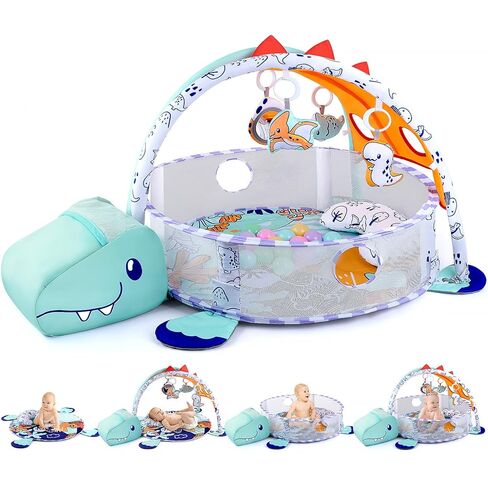 PLAY 4-in-1 Baby Play Mat - Dinosaur Baby Gyms & Playmats Tummy Time Mat Washable, Baby Activity Center with 4 Sensory Toys & 1 Soft Pillow, Develop Motor Skills Gift for Newborn Toddler - Multi in Kuwait