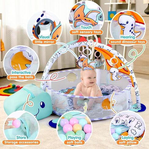 PLAY 4-in-1 Baby Play Mat - Dinosaur Baby Gyms & Playmats Tummy Time Mat Washable, Baby Activity Center with 4 Sensory Toys & 1 Soft Pillow, Develop Motor Skills Gift for Newborn Toddler - Multi in Kuwait