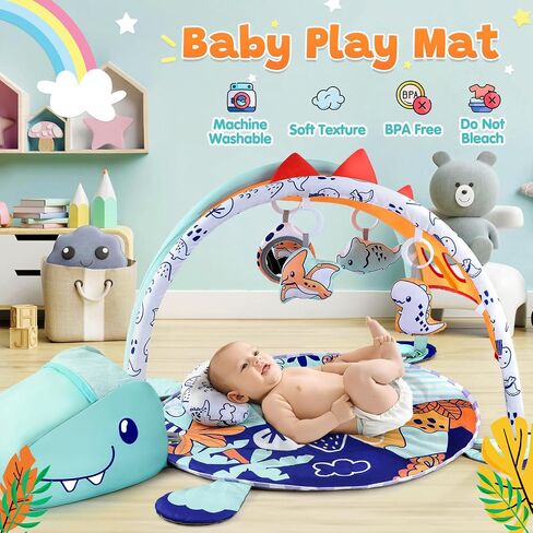 PLAY 4-in-1 Baby Play Mat - Dinosaur Baby Gyms & Playmats Tummy Time Mat Washable, Baby Activity Center with 4 Sensory Toys & 1 Soft Pillow, Develop Motor Skills Gift for Newborn Toddler - Multi in Kuwait