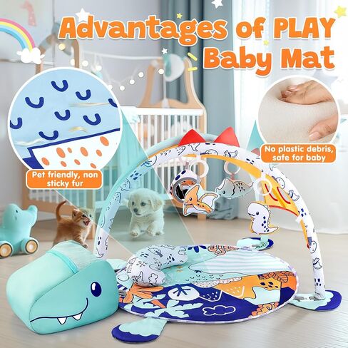 PLAY 4-in-1 Baby Play Mat - Dinosaur Baby Gyms & Playmats Tummy Time Mat Washable, Baby Activity Center with 4 Sensory Toys & 1 Soft Pillow, Develop Motor Skills Gift for Newborn Toddler - Multi in Kuwait