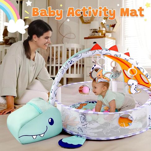 PLAY 4-in-1 Baby Play Mat - Dinosaur Baby Gyms & Playmats Tummy Time Mat Washable, Baby Activity Center with 4 Sensory Toys & 1 Soft Pillow, Develop Motor Skills Gift for Newborn Toddler - Multi in Kuwait