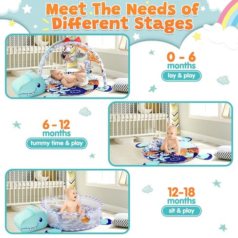 PLAY 4-in-1 Baby Play Mat - Dinosaur Baby Gyms & Playmats Tummy Time Mat Washable, Baby Activity Center with 4 Sensory Toys & 1 Soft Pillow, Develop Motor Skills Gift for Newborn Toddler - Multi in Kuwait