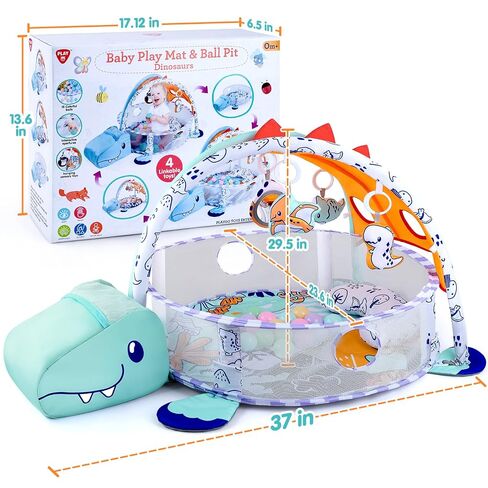 PLAY 4-in-1 Baby Play Mat - Dinosaur Baby Gyms & Playmats Tummy Time Mat Washable, Baby Activity Center with 4 Sensory Toys & 1 Soft Pillow, Develop Motor Skills Gift for Newborn Toddler - Multi in Kuwait