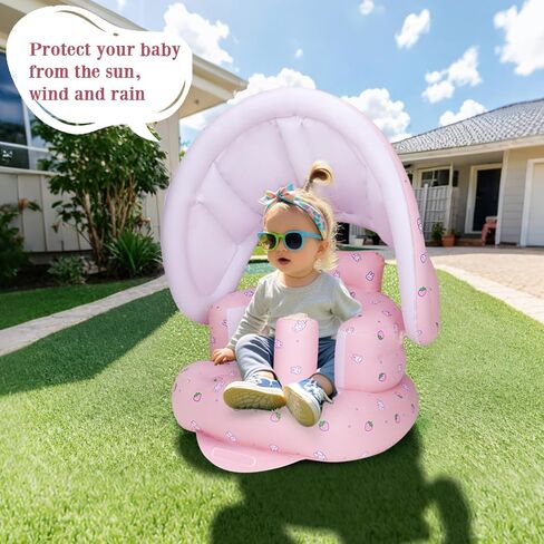 AirSwim Inflatable Baby Seat with Detachable Canopy, Inflatable Baby Chair | Blow Up Baby Chair for Babies From 3 Months with Built-In Pump, Bumbo Seat Baby Sit Up Chair for Outdoor Indoor, Strawberry in Saudi Arabia