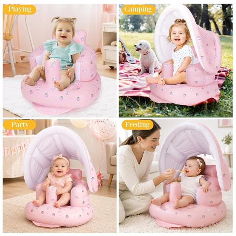 AirSwim Inflatable Baby Seat with Detachable Canopy, Inflatable Baby Chair | Blow Up Baby Chair for Babies From 3 Months with Built-In Pump, Bumbo Seat Baby Sit Up Chair for Outdoor Indoor, Strawberry in Saudi Arabia