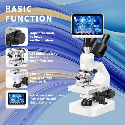Trinocular Microscope 40x-2000x Magnification Double-Layer Stage with LED Lights on top and Bottom, Thick and Thin Dual Focusing knobs, Professional Biological Microscope (WiFi Electronic Eyepiece) in Saudi Arabia