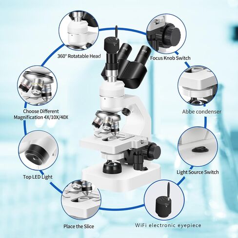 Trinocular Microscope 40x-2000x Magnification Double-Layer Stage with LED Lights on top and Bottom, Thick and Thin Dual Focusing knobs, Professional Biological Microscope (WiFi Electronic Eyepiece) in Saudi Arabia