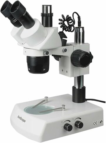 AmScope SW-2T24Z Trinocular Stereo Microscope, WH10x Eyepieces, 20X/40X/80X Magnification, 2X/4X Objective, Upper and Lower Halogen Lighting, Pillar Stand, 110V-120V, Includes 2.0x Barlow Lens | DIN Standard RMS 20.32mm Thread 160mm Finite Tube Length Com in Kuwait