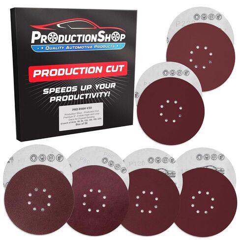 ProductionShop Premium 9" Red 8-Hole Pattern Sanding Discs, 30 Disc Variety Pack, Grits 60, 80, 120, 150, 180, 220 - Dustless Hook & Loop Backing Sandpaper for Drywall Power Sander, Woodworking Paint in Kuwait