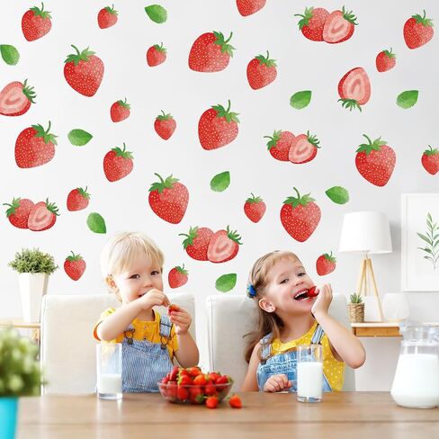 Strawberry Wall Decals - 8 Sheets 64 Pcs Removable Red Strawberry Wall Stickers Peel and Stick Fruit Wall Décor for Girls Bedroom Dorm Nursery Kitchen Bathroom in Kuwait