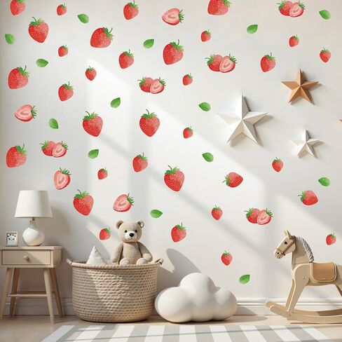 Strawberry Wall Decals - 8 Sheets 64 Pcs Removable Red Strawberry Wall Stickers Peel and Stick Fruit Wall Décor for Girls Bedroom Dorm Nursery Kitchen Bathroom in Kuwait