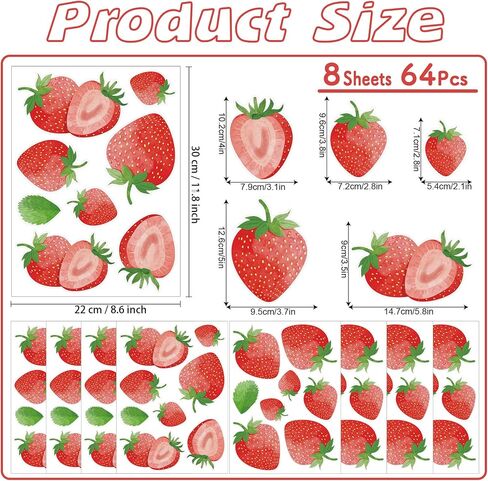 Strawberry Wall Decals - 8 Sheets 64 Pcs Removable Red Strawberry Wall Stickers Peel and Stick Fruit Wall Décor for Girls Bedroom Dorm Nursery Kitchen Bathroom in Kuwait