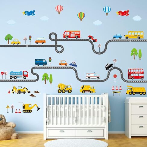 DECOWALL Race Cars & Track Wall Decals Stickers for Kids Bedroom (SG2-2517) | Peel and stick removable Grand Prix decor with sports vehicles, flags, trophy, flames and road for playroom and nursery space in Kuwait