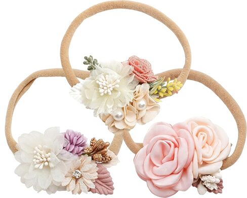 3pcs Babygirls Floral Headbands Set - Handmade Bow Hairband for Newborn in Kuwait