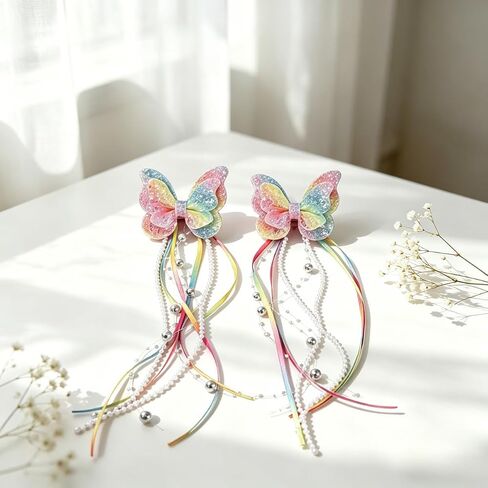 2-Piece Glitter Rainbow Butterfly Hair Clips for Baby & Girls, Beaded Tassel Barrettes, Fairy Style Hairpins with Pearl and Ribbon Tassels, for Daily, Parties & Cosplay in Kuwait