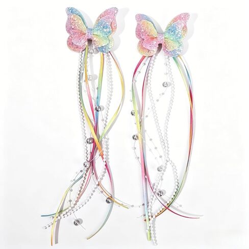 2-Piece Glitter Rainbow Butterfly Hair Clips for Baby & Girls, Beaded Tassel Barrettes, Fairy Style Hairpins with Pearl and Ribbon Tassels, for Daily, Parties & Cosplay in Kuwait