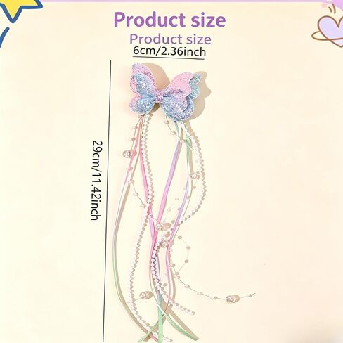 2-Piece Glitter Rainbow Butterfly Hair Clips for Baby & Girls, Beaded Tassel Barrettes, Fairy Style Hairpins with Pearl and Ribbon Tassels, for Daily, Parties & Cosplay in Kuwait