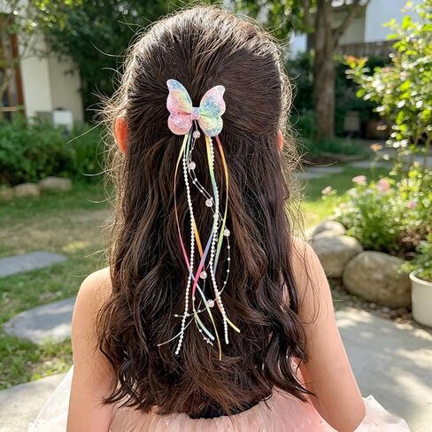 2-Piece Glitter Rainbow Butterfly Hair Clips for Baby & Girls, Beaded Tassel Barrettes, Fairy Style Hairpins with Pearl and Ribbon Tassels, for Daily, Parties & Cosplay in Kuwait