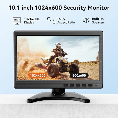 10.1-Inch Security Monitor with HDMI VGA BNC AV Inputs | 1024×600 LCD Display, Built-in Speakers, VESA 75×75mm, 24/7 Operation, Compatible with DVR, NVR, CCTV, PC in Kuwait