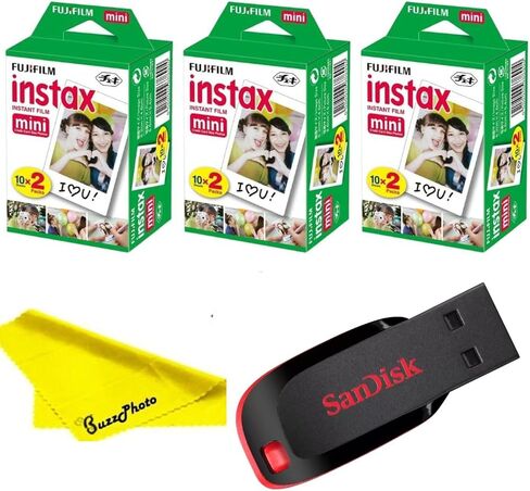 Fujifilm Instax Mini Instant Camera Film with Sandisk 32 GB USB Flash Drive + 3 x Mini Twin Packs (60 Sheets) and Buzz-Photo Microfiber Cleaning Cloth in Kuwait
