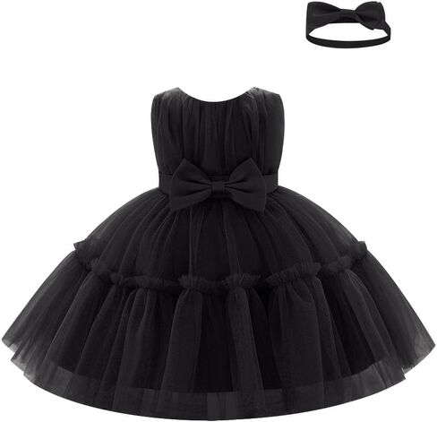 ODASDO Toddler Flower Girl Formal Dresses Tulle Tutu Pageant Party Gown | Baby Infant Satin Ruffle Layered Sleeveless Fairy Princess Dress with Headband for Birthday Wedding | V Back | Bow Tie Decor in Kuwait