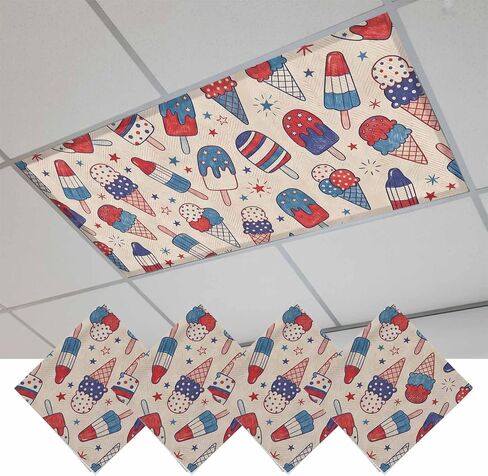 Blue Red Ice Cream Fluorescent Light Covers for Ceiling Lights 4x2 feet, 3 Pack Magnetic Light Filters for Classroom, 4th of July 250th Anniversary Fluorescent Lamp Shade Panel for Office School Drop in Kuwait